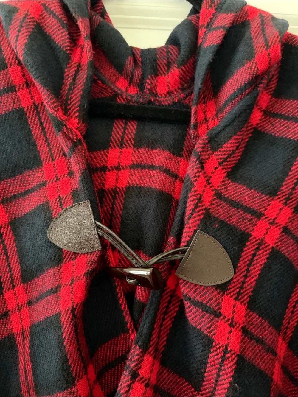 Plaid Hooded Fringe Poncho - Black & Red Tartan